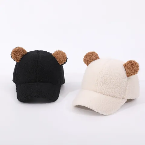 Kids Winter Teddy Fleece Baseball Cap With Bear Ears Warm Cartoon Polar Fleece Snapback Hat For Toddler Boys Girls