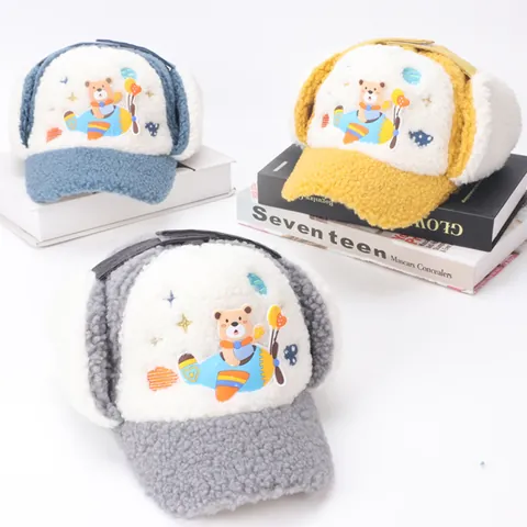 Kids Winter Windproof Trapper Hat Thick Sherpa Fleece Warm Ear Protection Cap Cartoon Bear Plane Daily Outdoor Hat