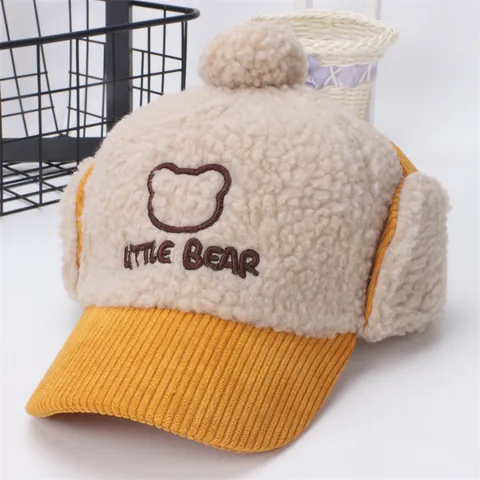 Gorro de Invierno para Niños de Vellón Sherpa y Pana Con Orejeras Oso de Dibujos Animados Pompon Cálida Gorra Lei Feng para Niños