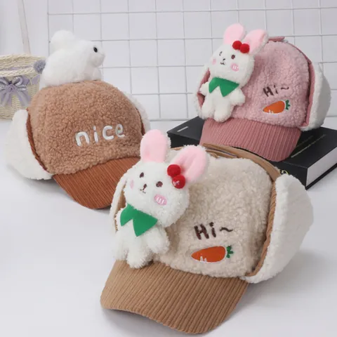 Gorro Lei Feng para Niños de Lana de Borreguito con Orejeras y Conejo de Peluche 3D Gorro de Invierno Cálido para Niños y Niñas