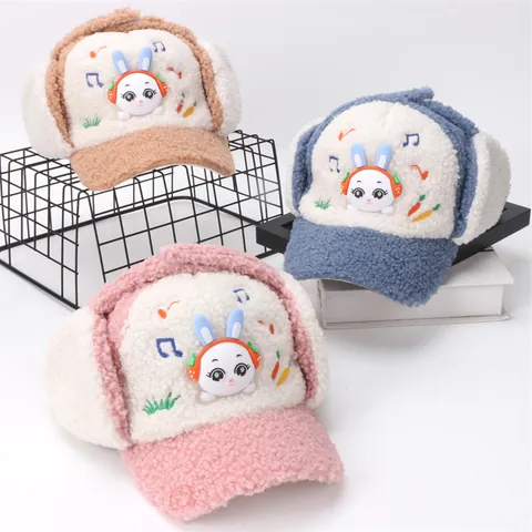 Children's Winter Warm Sherpa Earflap Hat Cute Cartoon Rabbit Headphone Design Windproof Thick Fleece Baseball Cap For Boys Girls