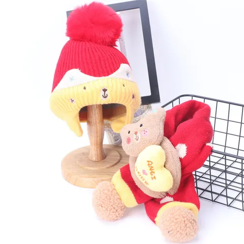 Conjunto de Gorro y Bufanda de Punto Cálido de Invierno para Bebé Dibujos Animados Oso Dinosaurio Conejo Protección de Oídos Pompon para Niños