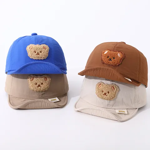 Baby Soft Brim Baseball Cap Quick Dry Breathable Sun Hat For Toddler Boys Girls Cute Plush Bear Patch Adjustable Hat