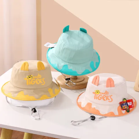 Sombrero de Pescador para Niños con Tigre y Orejas 3D Sombrero de Sol de Mezcla de Algodón con Cuerda Cortavientos Ajustable