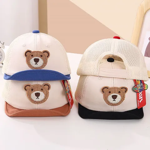 Baby Mesh Baseball Cap Cute Bear Patch Sun Hat Breathable Soft Brim Adjustable Summer Hat For Toddler Infant Boys Girls