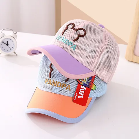 Gorra de Béisbol de Malla para Niños Verano Transpirable Sombrero de Sol Bloque de Color Bordado de Oso Letras PANDPA