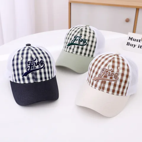 Kinderen Gingham Geruit Trucker Pet Frog Borduurwerk Mesh Baseball Cap Ademend Zonnehoed Voor Jongens Meisjes Peuter