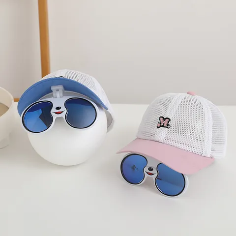 Kids Mesh Baseball Cap Summer Breathable Sun Hat With Flip Up Sunglasses Cartoon M Letter Sunscreen Hat For Boys Girls