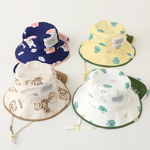Chapeau de Soleil pour Enfants Avec Rabat de Cou Motif Animal de Dessin Animé Cordon Coupe-vent Réglable Chapeau de Pêcheur en Polyester Respirant