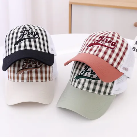 Kinderen Gingham Geruit Trucker Pet Frog Borduurwerk Mesh Baseball Cap Ademend Zonnehoed Voor Jongens Meisjes Peuter