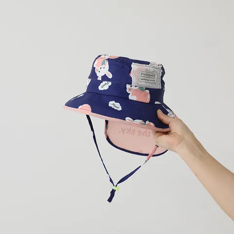 Chapeau de Soleil pour Enfants Avec Rabat de Cou Motif Animal de Dessin Animé Cordon Coupe-vent Réglable Chapeau de Pêcheur en Polyester Respirant