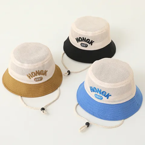 Kids Summer Breathable Mesh Bucket Hat Sun Protection Fisherman Hat With Adjustable Windproof Rope HONGK 1997 Embroidery