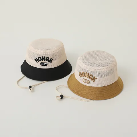 Kids Summer Breathable Mesh Bucket Hat Sun Protection Fisherman Hat With Adjustable Windproof Rope HONGK 1997 Embroidery