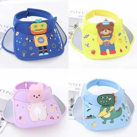PVC Cotton Kids Cartoon Empty Top Sun Visor Hat For Boys Girls Summer Sun Protection Retractable Side Shield Dinosaur Bear Robot