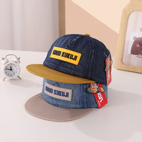 Kinderen Katoen Denim Honkbalpet Platte Rand Snapback Kleurblok Hoed Met Letters Borduurwerk Street Hip Hop Stijl Voor Jongens Meisjes