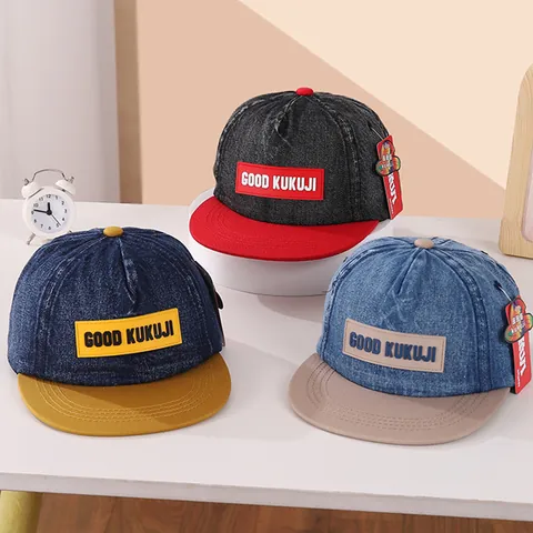 Kinderen Katoen Denim Honkbalpet Platte Rand Snapback Kleurblok Hoed Met Letters Borduurwerk Street Hip Hop Stijl Voor Jongens Meisjes