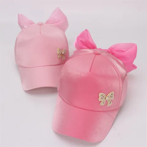 Kids Girls Satin Bow Baseball Cap Pearl Rhinestone Princess Sun Hat Sweet Adjustable Outdoor Travel Headwear