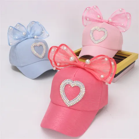 Sweet Girls Women Lace Bow Artificial Pearl Baseball Cap Rhinestone Heart Cotton Sun Hat Outdoor Travel Travel Performance Hat