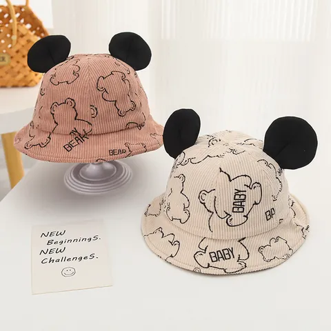 Sombrero de Pescador de Pana para Niños Pequeños Oso de Dibujos Animados Con Orejas 3D Mezcla de Algodón Otoño Invierno