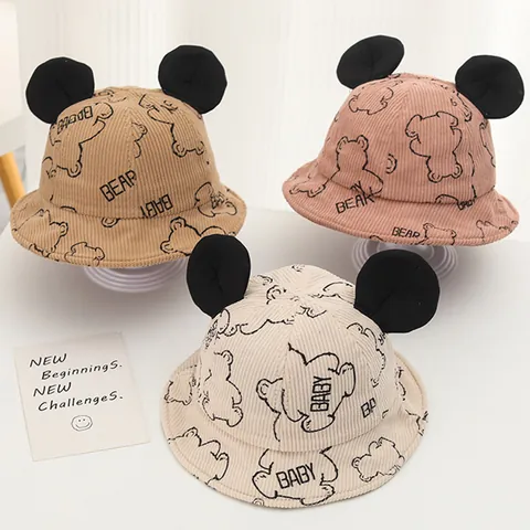 Sombrero de Pescador de Pana para Niños Pequeños Oso de Dibujos Animados Con Orejas 3D Mezcla de Algodón Otoño Invierno