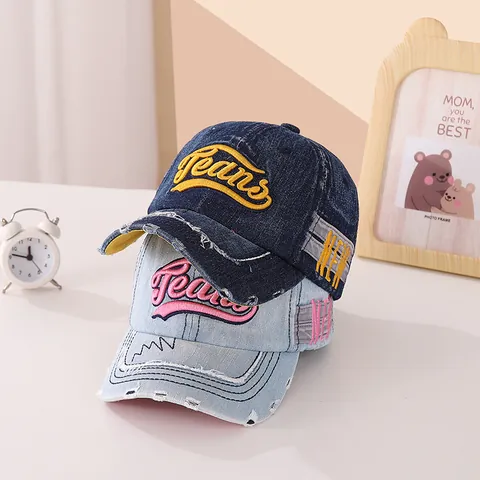Kinder Denim Honkbalpet Retro Distressed Sleetse Look Jeans Borduurwerk Zonnehoed Voor Jongens Meisjes School Reizen