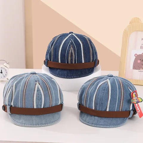 Kids Striped Denim Newsboy Cap For Toddler Baby Retro Cotton Beret Peaked Hat Autumn Winter Warm Daily Headwear Accessory