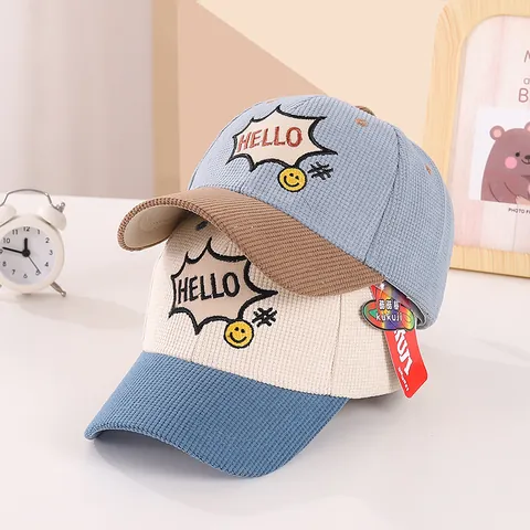 Gorra de Béisbol de Pana para Niños Bordado Hello Smile Bloque de Color Ajustable Sombrero de Sol Suave para Niños