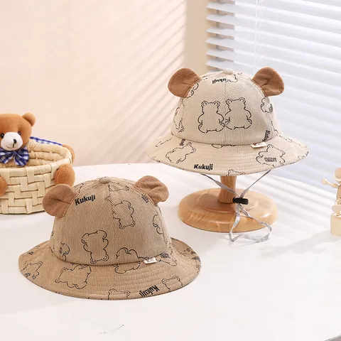 Kids Corduroy Bucket Hat 3D Bear Ears Cartoon Bear Print Adjustable Windproof Strap Warm Autumn Winter Sun Hat For Toddlers