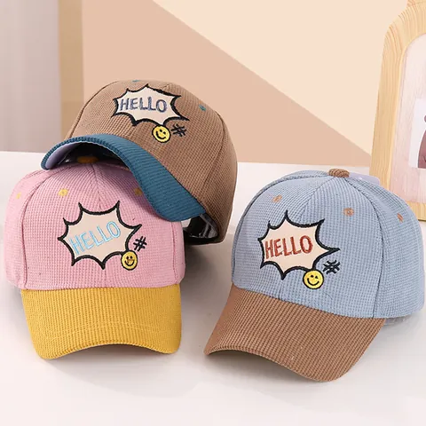 Gorra de Béisbol de Pana para Niños Bordado Hello Smile Bloque de Color Ajustable Sombrero de Sol Suave para Niños
