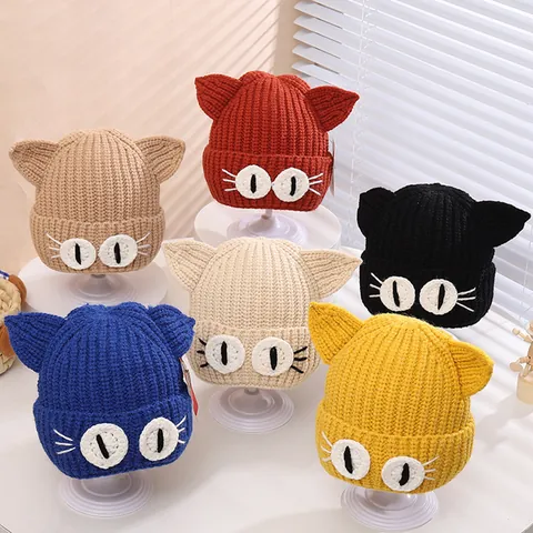 Toddler Kids Knitted Hat Cute Cartoon Cat Ears Big Eyes Design Winter Warm Thickened Beanie For Boys Girls Daily Wear