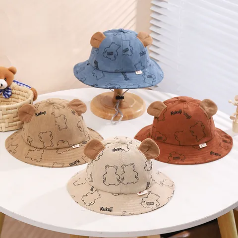 Kids Corduroy Bucket Hat 3D Bear Ears Cartoon Bear Print Adjustable Windproof Strap Warm Autumn Winter Sun Hat For Toddlers