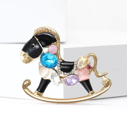 Broche Cheval à Bascule Vintage en Alliage Avec Strass Colorés et Émail Plaqué Or Épingle Bijoux de Mode pour Femme Cadeau