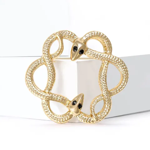 Elegante Broche Redondo de Aleación de Doble Serpiente Con Ojos de Diamante Negro Joyería de Moda para Mujer