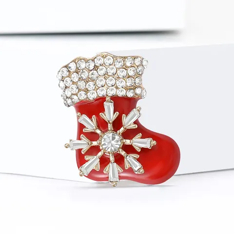 Christmas Stocking Brooch For Women Alloy Enamel Rhinestone Snowflake Pin Festive Decoration Jewelry Gift For Holiday Party