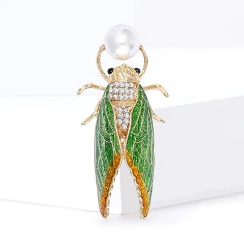 Broche de Cigarra de Esmalte Vintage para Hombres Mujeres Forma Insecto Con Perla Artificial de Imitación Diamante Joyería de Moda Regalo