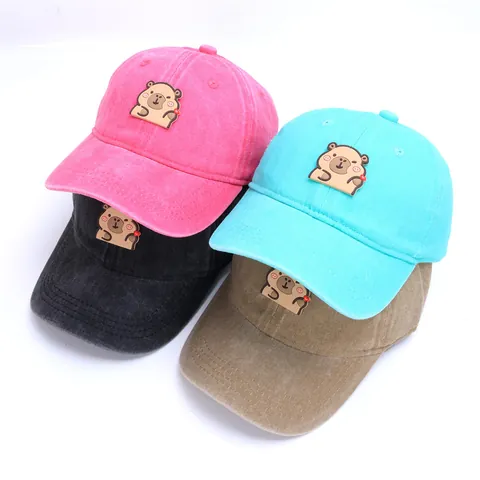 Kids Washed Cotton Corduroy Baseball Cap Cartoon Capybara Patch Sun Hat For Toddler Boys Girls Outdoor Sun Protection Cap