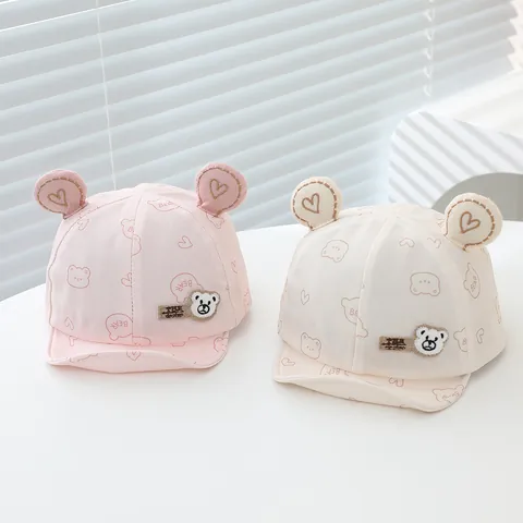 Baby Soft Brim Baseball Cap With Cute Bear Ears Heart Bear Print Cotton Blend Infant Toddler Adjustable Sun Hat