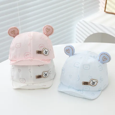 Baby Soft Brim Baseball Cap With Cute Bear Ears Heart Bear Print Cotton Blend Infant Toddler Adjustable Sun Hat