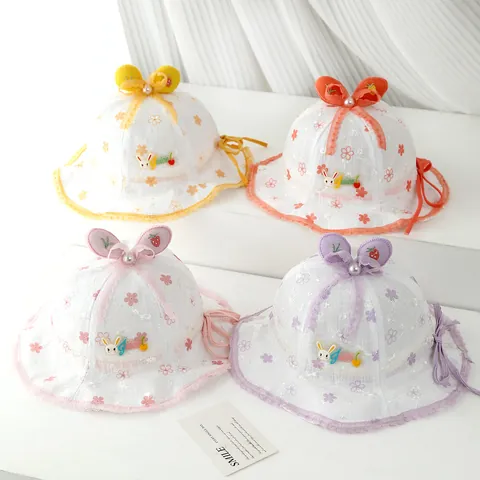 Cute Baby Girl Bucket Hat With Lace Bow Rabbit Ears Summer Sun Protection Breathable Cotton Blend Outdoor Fisherman Hat