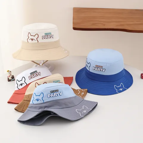 Kids Patchwork Bucket Hat With Adjustable Windproof Rope Cartoon Dog Embroidery Sun Protection Outdoor Fisherman Hat For Boys Girls