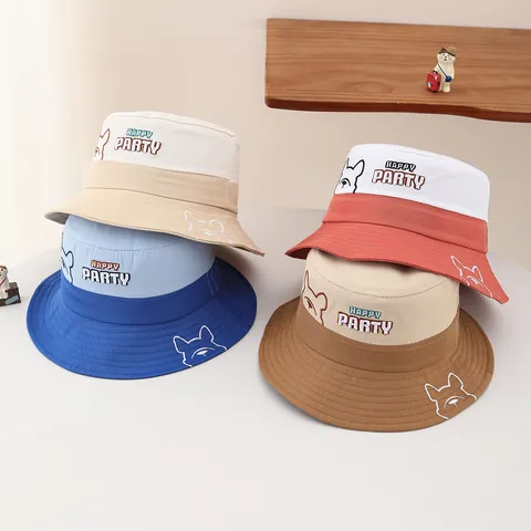 Kids Patchwork Bucket Hat With Adjustable Windproof Rope Cartoon Dog Embroidery Sun Protection Outdoor Fisherman Hat For Boys Girls