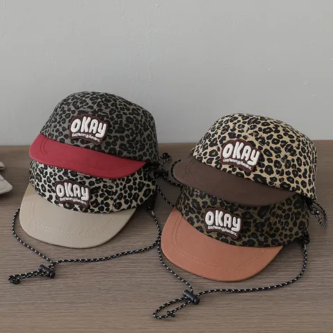 Kids Leopard Print Baseball Cap Cotton Blend Contrast Brim Adjustable Chin Strap Sun Hat For Toddler Boys Girls