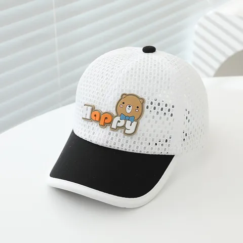 Kids Mesh Baseball Cap Summer Breathable Sun Hat Cartoon Bear Happy Embroidery Patch Adjustable Trucker Hat For Boys Girls