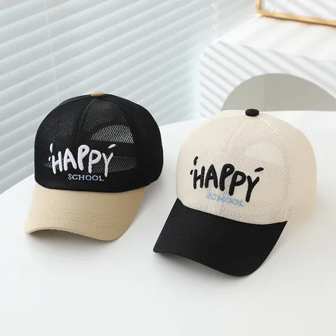 Berretto da Baseball in Mesh per Bambini Ricamo Lettere Happy School Traspirante Patchwork Cappello da Sole per Ragazzi Ragazze
