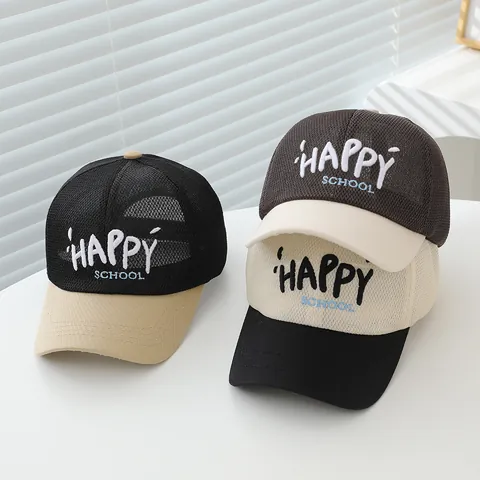Berretto da Baseball in Mesh per Bambini Ricamo Lettere Happy School Traspirante Patchwork Cappello da Sole per Ragazzi Ragazze