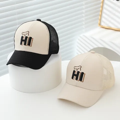Kids Mesh Baseball Cap Cotton Polyester Breathable Trucker Hat Bear Embroidery HI Letters Summer Sun Hat Boys Girls