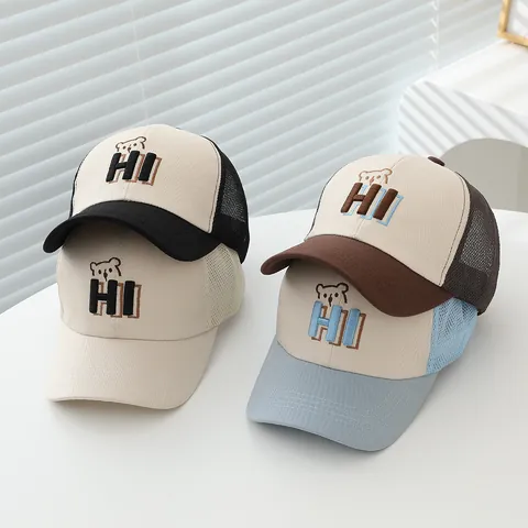 Kids Mesh Baseball Cap Cotton Polyester Breathable Trucker Hat Bear Embroidery HI Letters Summer Sun Hat Boys Girls