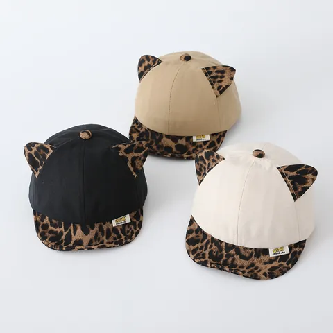 Cute Baby Baseball Cap With Leopard Print Brim And Animal Ears Cotton Soft Brim Sun Hat For Toddler Boys Girls