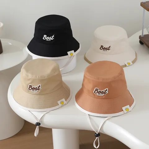 Kids Cotton Blend Fisherman Hat Summer Sun Protection Beach Cap With Adjustable Wind Rope Letter Embroidery For Baby