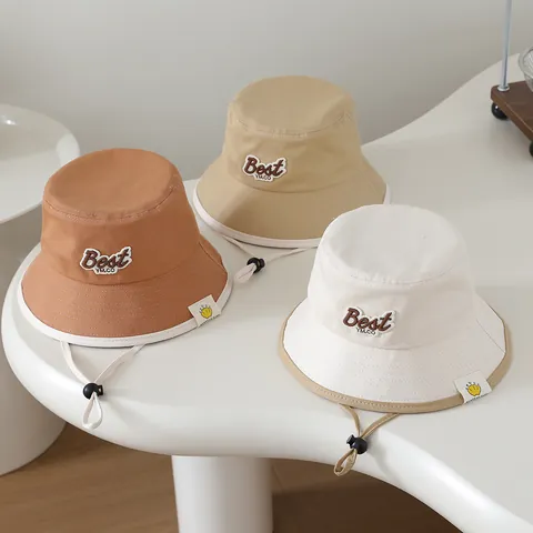 Kids Cotton Blend Fisherman Hat Summer Sun Protection Beach Cap With Adjustable Wind Rope Letter Embroidery For Baby
